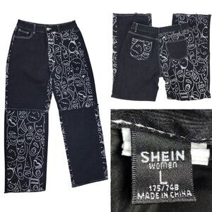 Shein Womens Large 28x30 High Waist Black Raw Cut Denim Jeans Cartoon Graphics